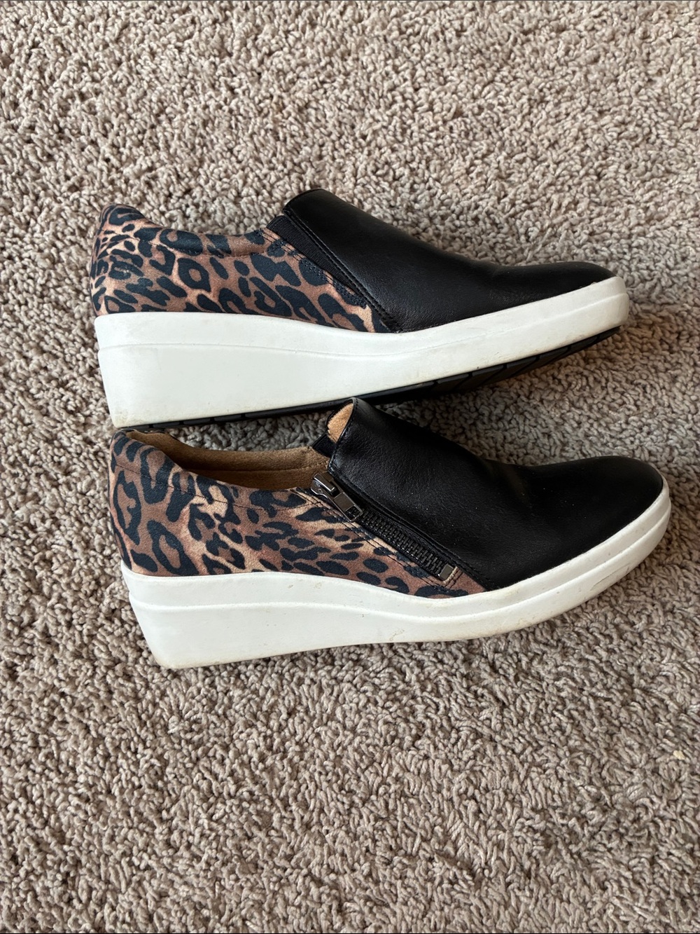 Naturalizer Black Leather Slip-On Wedges with Leopard Print Heel